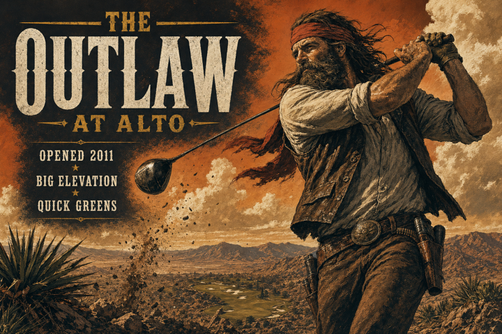 Edgy outlaw-style poster illustration for The Outlaw at Alto with course taglines.
